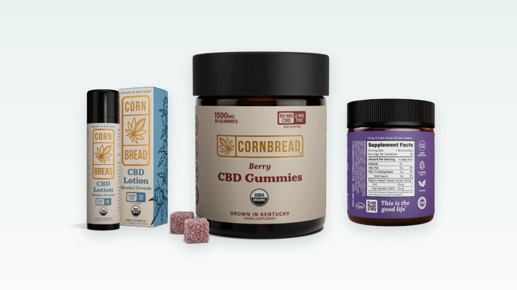 A selection of Cornbread Hemp CBD products including gummies, lotion, and sleep gummies