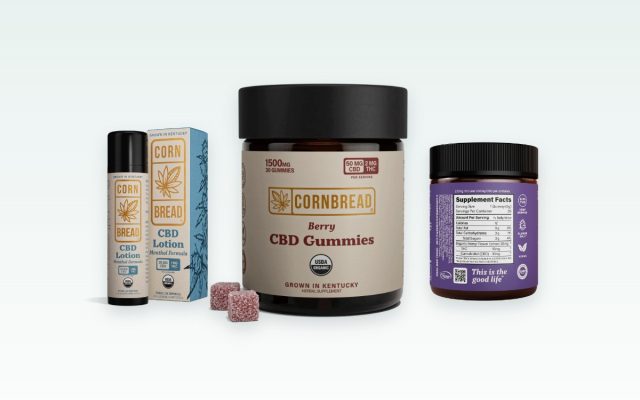 A selection of Cornbread Hemp CBD products including gummies, lotion, and sleep gummies