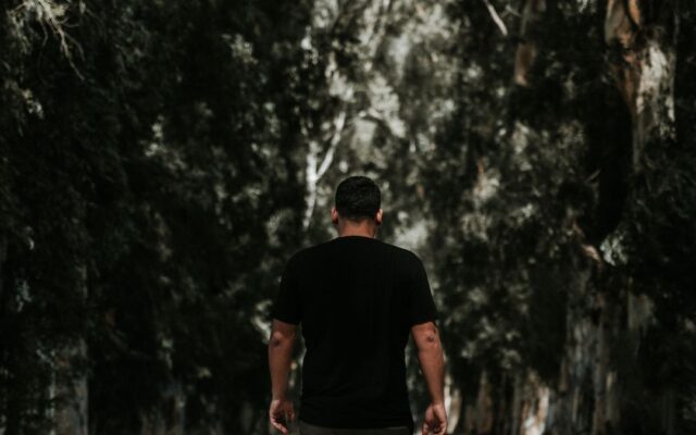 Man walking along a tree-lined park path getting his daily steps